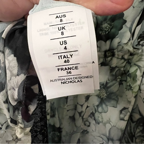 NICHOLAS Silk Evergreen Floral Dress Off the Shoulder Bell Sleeves Whimsigoth - Picture 14 of 16